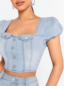 Denimoi Puff Sleeve Top & Skirt Denim Two Piece Set - Light Wash - View 3