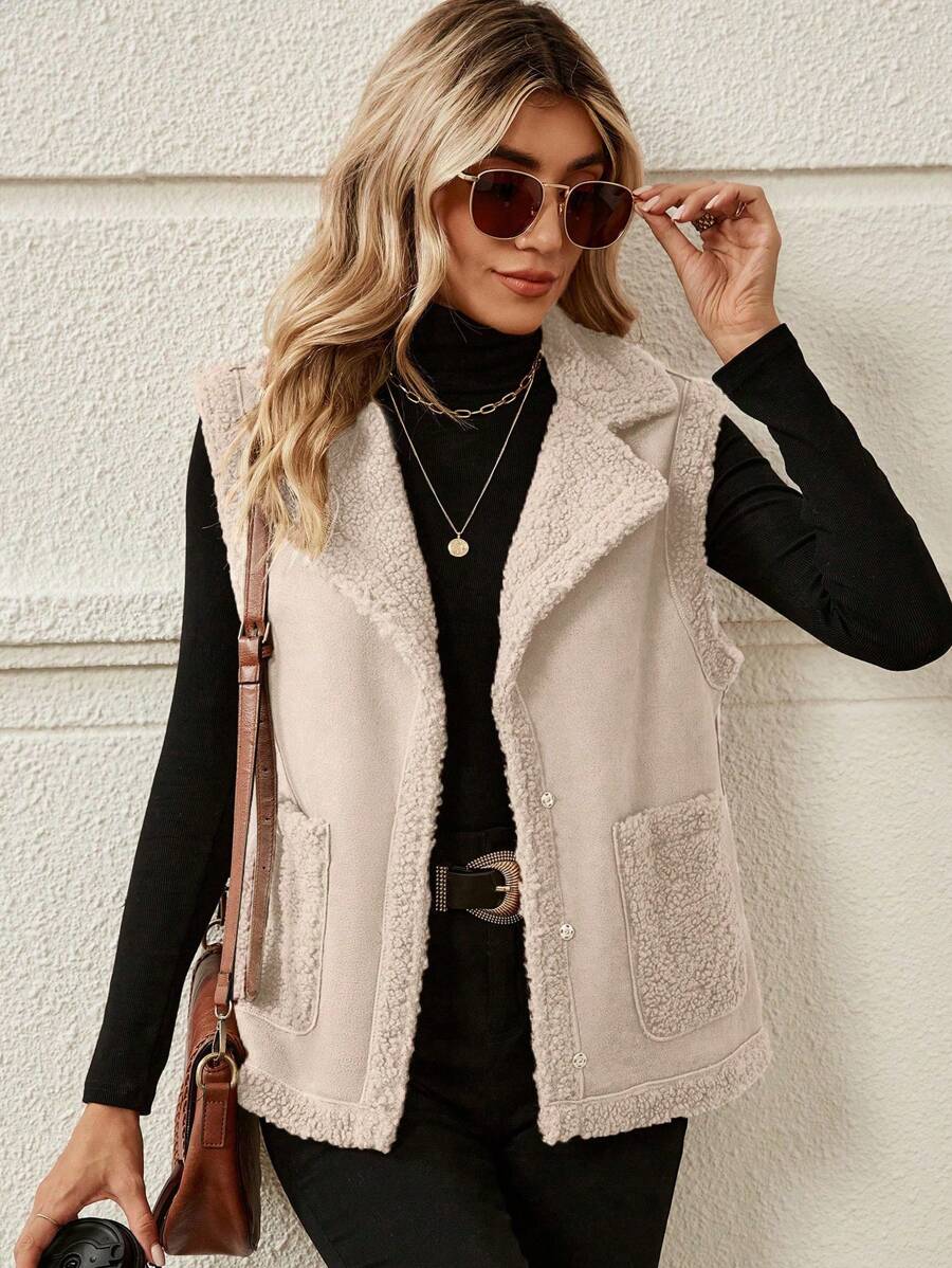 SHEIN LUNE Dual Pocket Teddy Lined Vest Jacket - Apricot - View 1