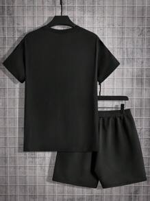 Manfinity Homme Men's Letter Print Short Sleeve T-Shirt And Shorts 2pcs/Set - Black - View 2