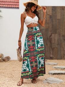 SHEIN BohoFeels 女士印花拼接長裙 - 綠色 - 查看 4