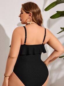 SHEIN Swim Curve 大尺碼純色連身泳衣婚禮 - 黑色 - 查看 2