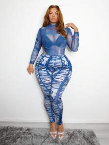 SHEIN SXY 大尺碼女士牛仔臨場打底褲性感外出俱樂部套裝 - 彩色 - 查看 4