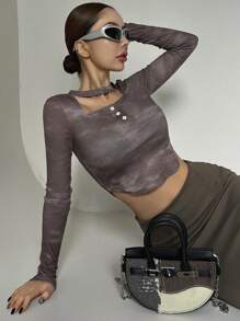 DAZY 女款扎染中空不對稱長袖t卹 - 卡其色 - 查看 2