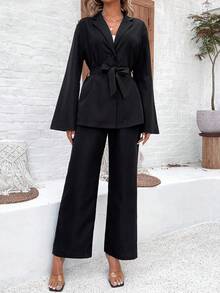 SHEIN Clasi 女士双排扣喇叭袖夹克和阔腿裤两件套 - 黑色 - 查看 5