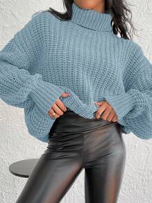 EURMUSE Turtleneck Drop Shoulder Sweater - Blue - View 1