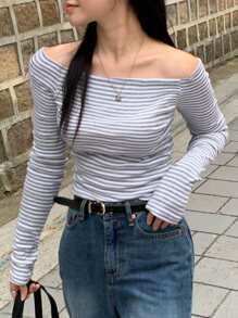 DAZY 女款露肩條紋T恤，返校季長袖上衣，秋季女裝外出上衣 - 淺灰色 - 查看 5