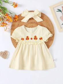 SHEIN Baby Girl Cute Flower Embroidery Short Sleeve Dress, Spring