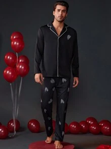 男士情人節愛心印花家居服套裝 - 黑色 - 查看 3