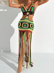 SHEIN Swim Summer Beach Women's Hollow Out Knitted Colorblock Tassel Cover Up - Multicolor - View 1