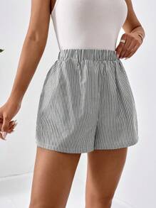 SHEIN Essnce Women's Vertical Striped Elastic Waist Shorts - Grey - View 4