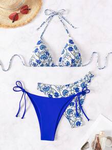 3pcs/set Women's Floral Print Halter Neck Swimwear Set, Random Print - Multicolor - View 1