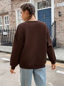 SHEIN EZwear 女款標語印花圓領運動衫 - 巧克力棕 - 查看 2