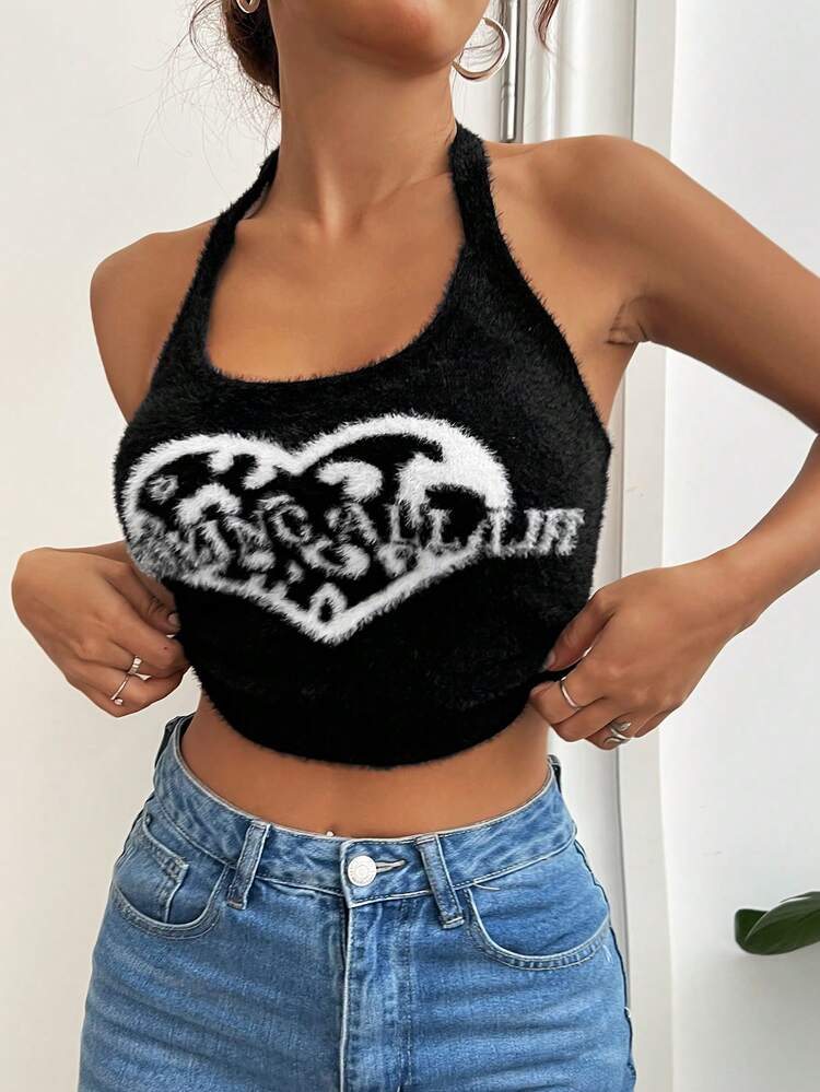 Women's Knitted Halter Top With Letter And Heart Pattern