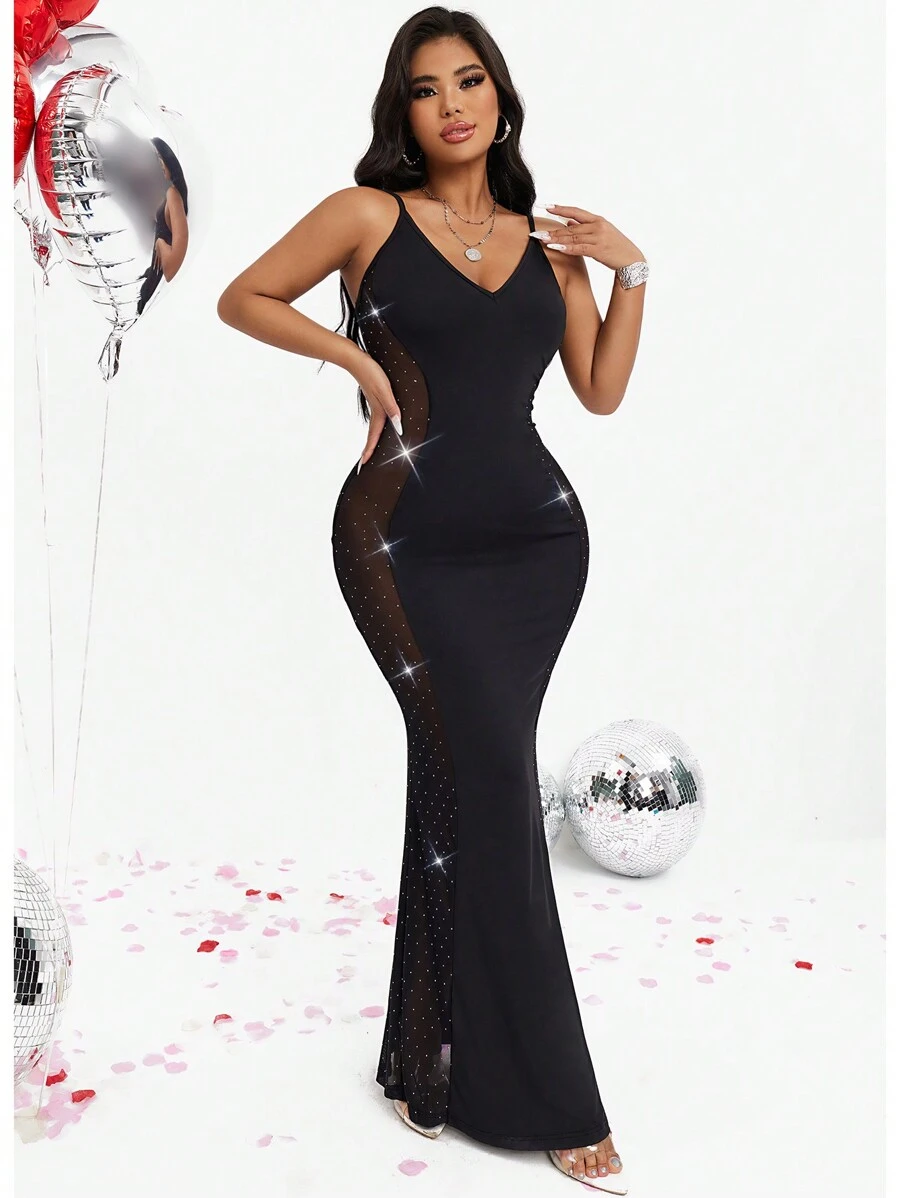 Zolique 女式波點網紗拼接洋裝 - 黑色 - 查看 1