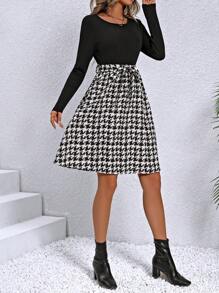 SHEIN LUNE Women'S Houndstooth Patchwork Long Sleeve Dress - Black - View 5