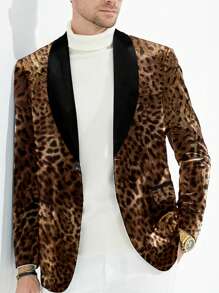 男士豹紋青果領西裝外套 - 棕色 - 查看 1
