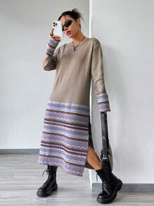 SHEIN Unity 幾何圖案分割式下擺休閒針織連衣裙 - 藕粉色 - 查看 1