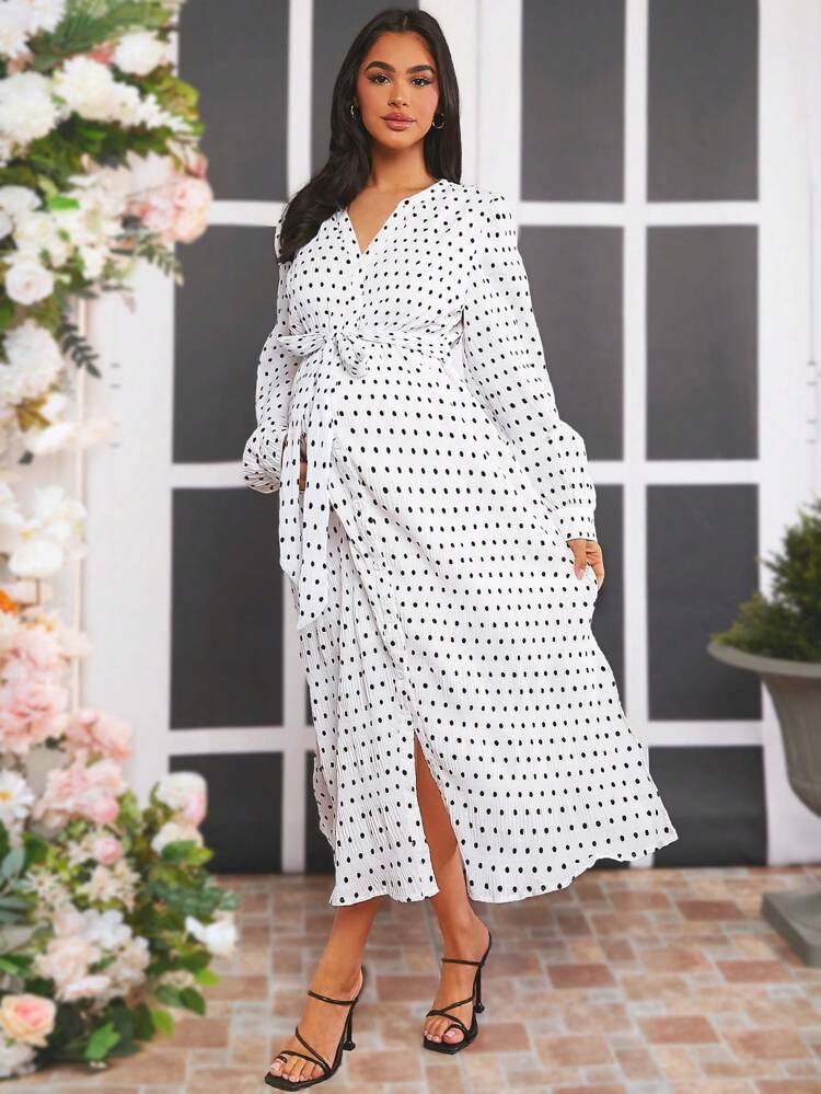 Maternity Polka Dot Print Belted Dress
