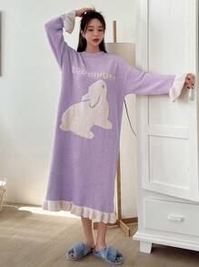 DAZY 女款拼色卡通字母印花家居服連身裙 - 紫色 - 查看 3
