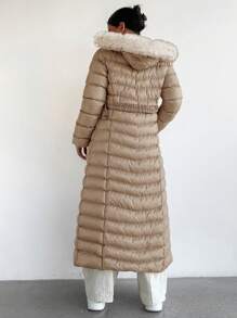 RueChic Fuzzy Trim Hooded Puffer Coat - Khaki - View 2