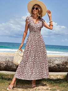 RueChic Ditsy Floral Print Ruffle Trim Dress - Red - View 5