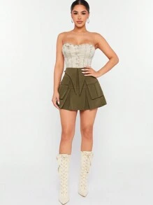 Hauture Flap Pocket Pleated Hem Skirt - Army Green - View 3