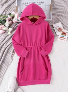 SHEIN Tween Girls' Long Hooded Sweatshirt With Drawstring - Hot Pink - View 5