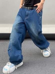 Manfinity Roghcode 男士经典直筒牛仔裤，带口袋，纯色深蓝色长款宽松深色洗水牛仔裤，洗水工装牛仔裤，适合丈夫、男朋友的礼物 - 藍色 - 查看 3