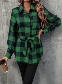 SHEIN LUNE Random Gingham Long Sleeve Shirt With Belt - Olive Green - View 4