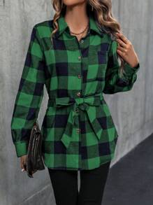 SHEIN LUNE Random Gingham Long Sleeve Shirt With Belt - Olive Green - View 6