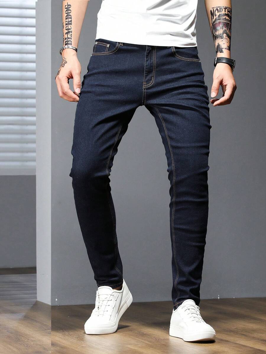 Manfinity Homme 男士大码口袋牛仔裤,纯色深蓝色修身长款深色洗水牛仔裤,洗水工装牛仔裤,适合送给丈夫、男朋友的礼物 - 藍色 - 查看 1