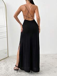 EURMUSE Women's Backless Halter High Slit Side Cami Dress - Black - View 1