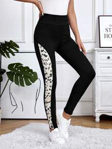 SHEIN Essnce Women's Leopard Print Spliced Leggings - Multicolor - View 1