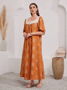 Al Najma Women's Contrast Color Embroidered Applique Puff Sleeve Dress - Orange - View 4