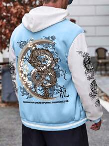 Manfinity Roghcode Loose Fit Men's Long Sleeve Chinese Dragon & Letter Printed Rave Baseball Jacket With Warm Lining Without Hoodie, Anime Hoodie Men, Graphic Hoodies Street Wear, Fall - Multicolor - View 3