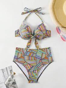 SHEIN Swim 条纹几何图案聚拢吊带比基尼上衣和三角比基尼套装狂欢夏日海滩 - 彩色 - 查看 5