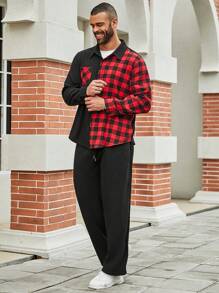 Manfinity Homme Męski Rozmiar Plus Kolorowe bloki Bawełniany materiał w kratkę Panel Długi Rękaw Koszula I Spodnie Komplety Biżuterii - Czarne - Zobacz 4