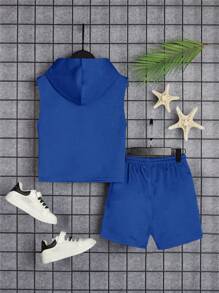 SHEIN 2pcs/Set Young Boy Casual Daily Commute Sports Style Letter Print Hoodie Vest And Drawstring Waist Shorts - Royal Blue - View 3