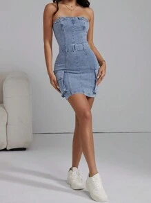 SHEIN EZwear فستان نسائي بحمالات من الدنيم مع جيوب - الأزرق - مشاهدة 6