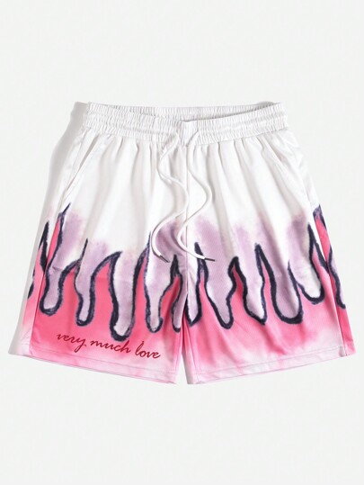 Street Life Herren-shorts Mit Flammen-buchstaben Muster Und Kordelzug An Der Taille