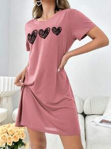 Vestido De Dormir Simple Con Impresión De Corazón De Amor - Rosa Fucsia - Ver 3