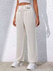 SHEIN Unity Women's Loose Fit Pants With Slogan Print Fall Cloth For Women - Apricot - View 4