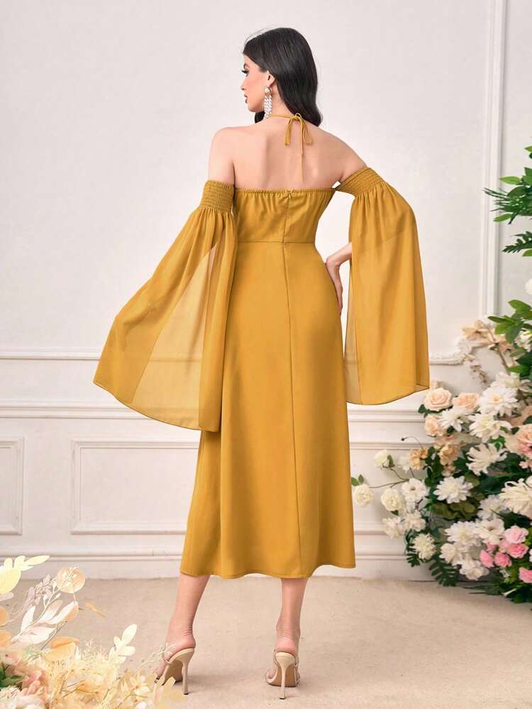 Women'S Off Shoulder Slit Long Sleeves Dress