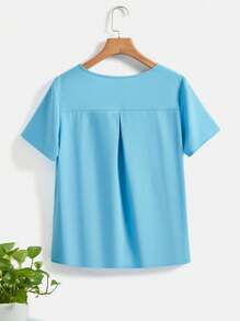 SHEIN LUNE 女士純色圓領短袖襯衫 - 藍色 - 查看 2