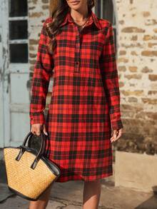 SHEIN Clasi 女性格子印花長袖連衣裙 - 紅色 - 查看 3