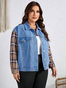 EMERY ROSE Chaqueta Vaquera Con Patchwork A Cuadros De Talla Grande - Lavado ligero - Ver 4