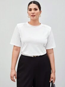 SHEIN Maija Camiseta de manga corta de color blanco sólido con hombreras para mujer de talla grande - Blanco - Ver 6