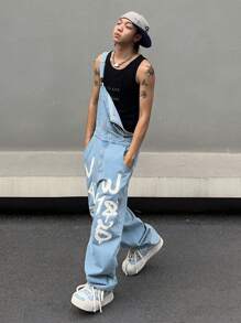 Manfinity EMRG Men's Digit Printed Loose Denim Overalls , Baggy Overall , Letter Light Blue Disco Street Wear Rapper - Light Wash - View 4