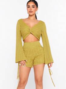 Hauture Pointelle Knit Top & Shorts Set - Mustard Yellow - View 5