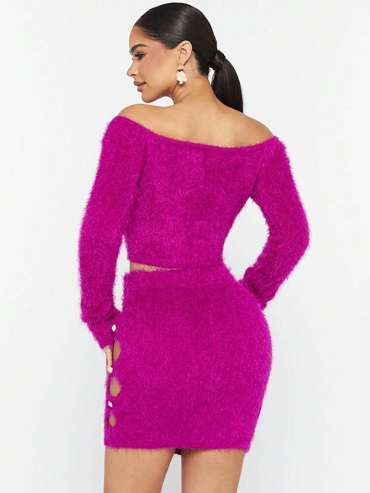 Fluffy Knit Cut Out Top & Skirt Set